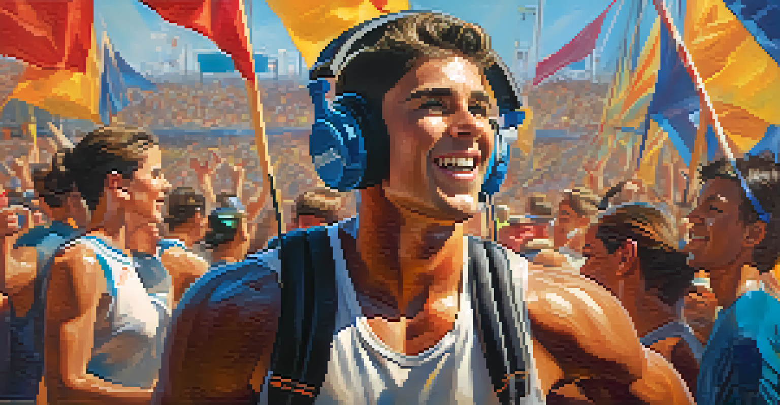 An athlete with headphones, focused and determined, against a lively background of cheering crowds and colorful banners, showcasing motivation.