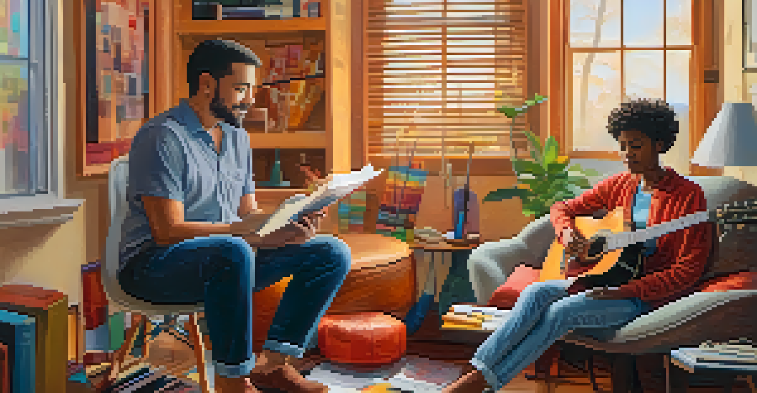 A therapist playing guitar with a client in a cozy therapy room filled with music sheets.