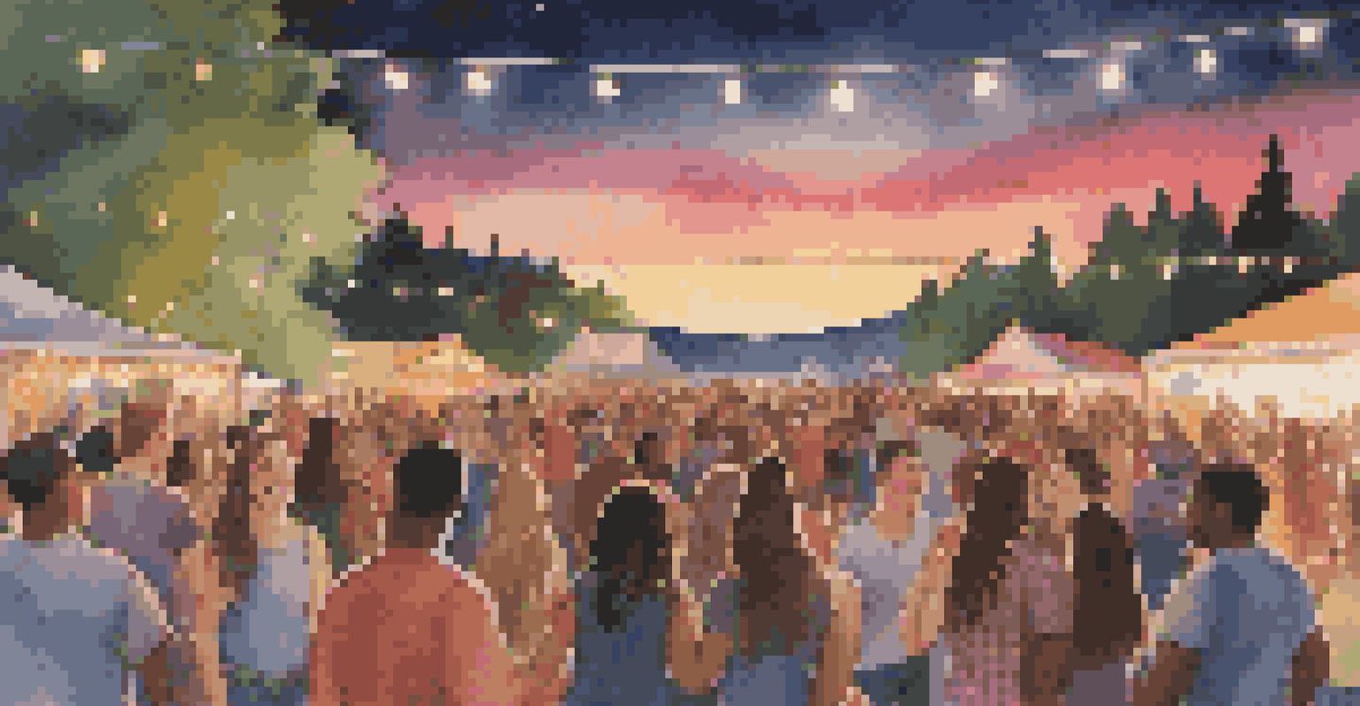 A group of young people enjoying a music festival at dusk, with colorful lights and a lively atmosphere.
