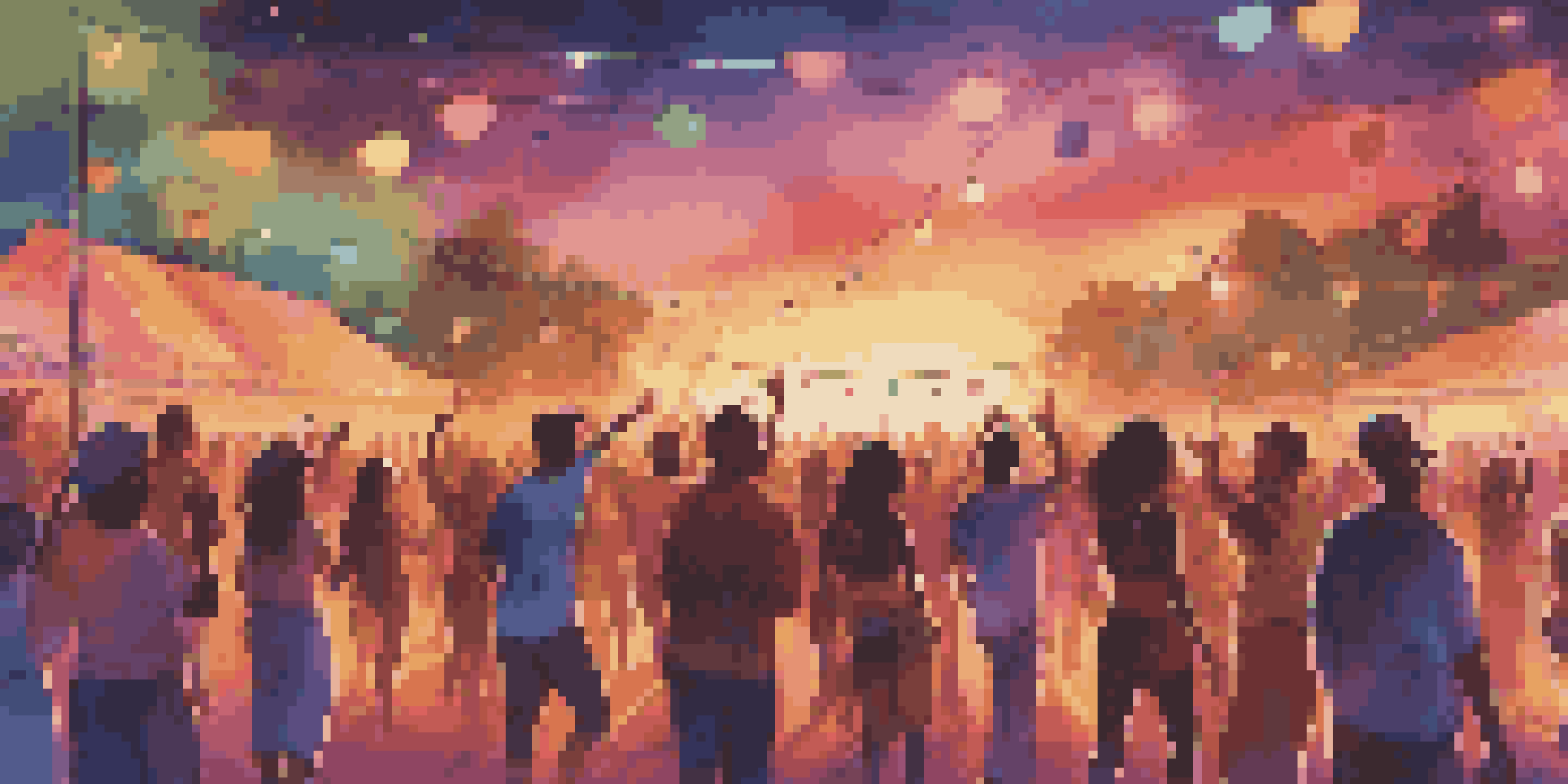 A diverse group of people dancing at a music festival, surrounded by colorful lights and musical instruments during a sunset.