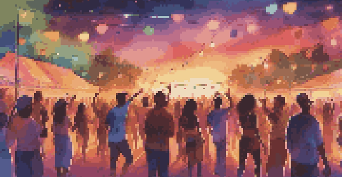 A diverse group of people dancing at a music festival, surrounded by colorful lights and musical instruments during a sunset.