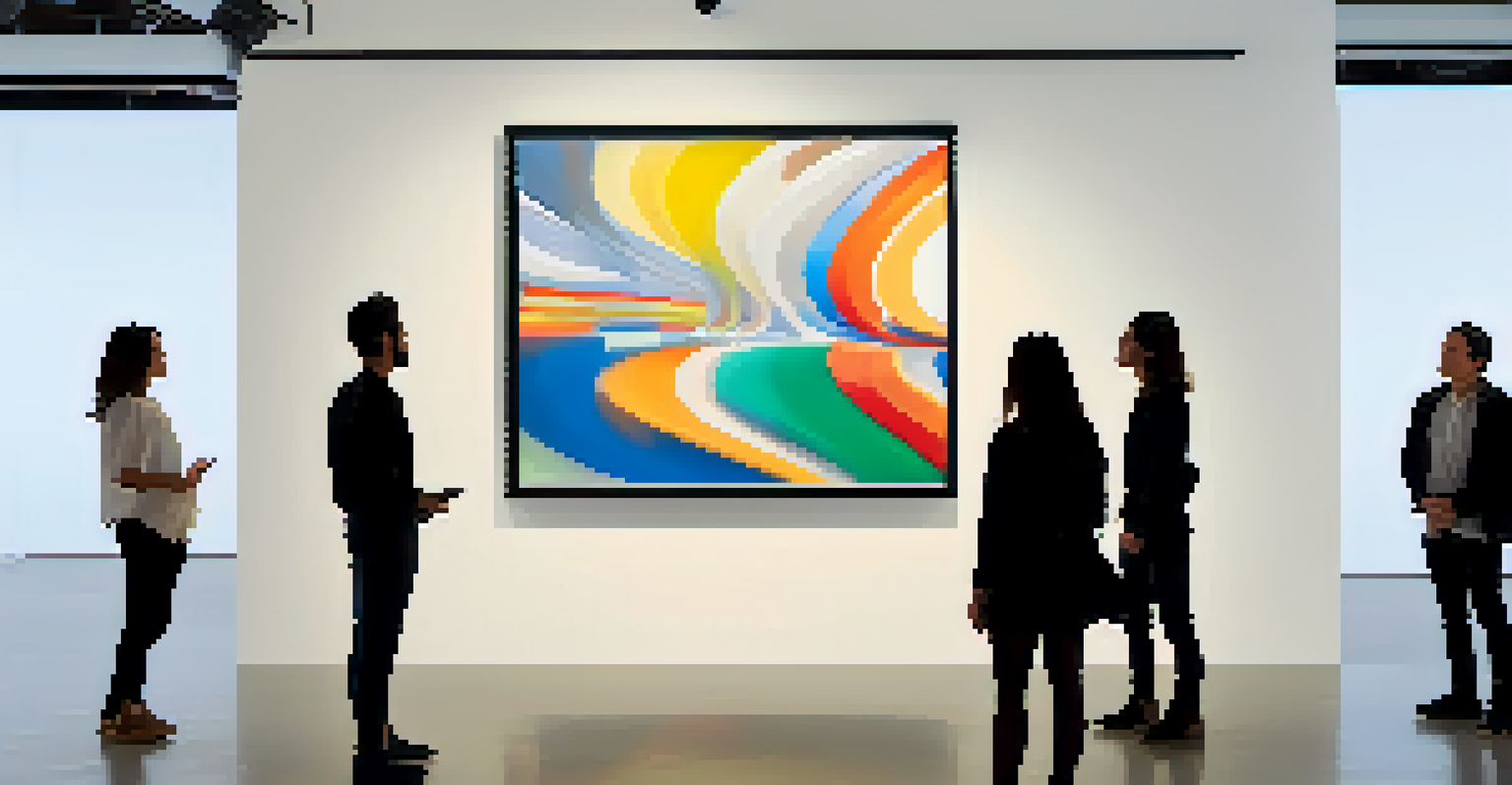 A modern art installation with changing visuals and an unseen sound source, captivating an audience.