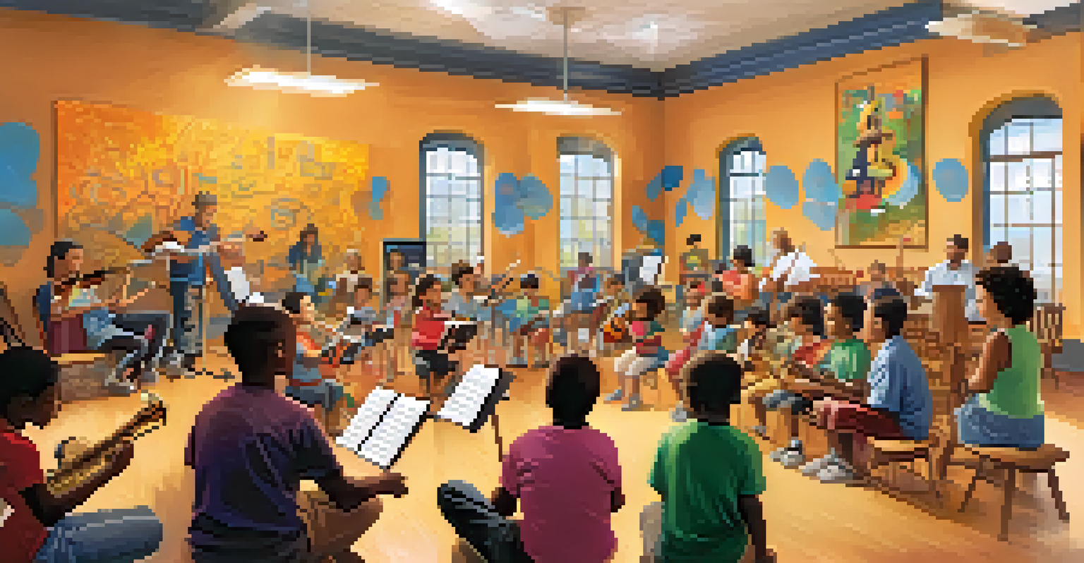 A community music education program with children learning instruments and adults mentoring them in a bright setting.