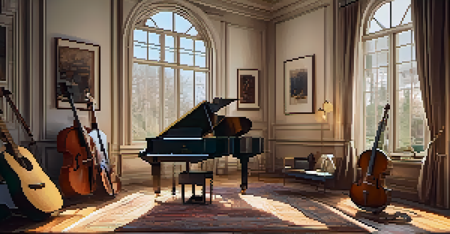 A cozy music studio featuring vintage instruments and soft lighting, creating an inviting atmosphere for creativity.