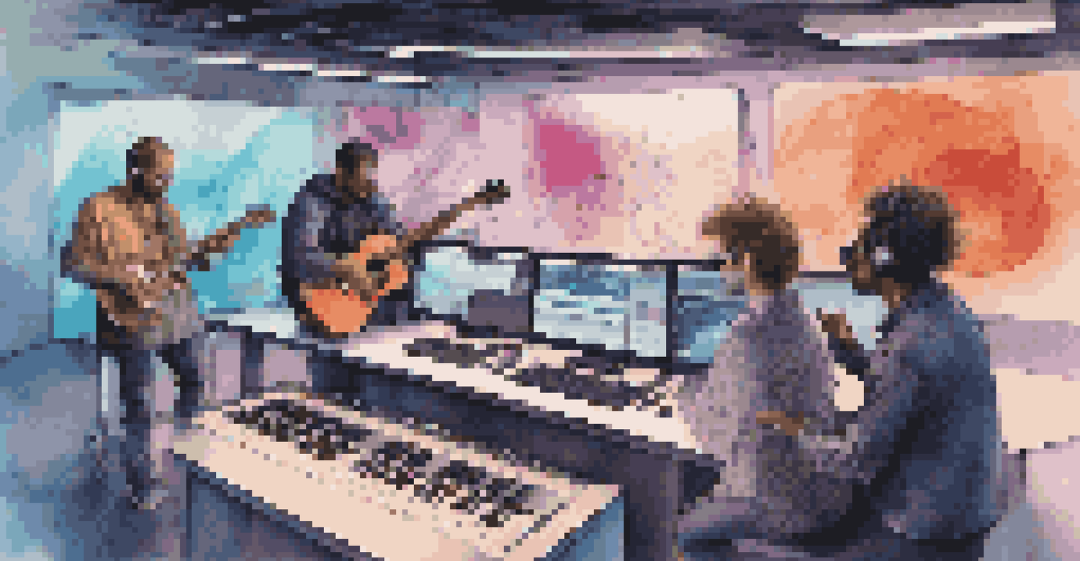 A high-tech studio scene with musicians collaborating, one playing guitar and another using a laptop, surrounded by colorful sound waveforms and visuals.