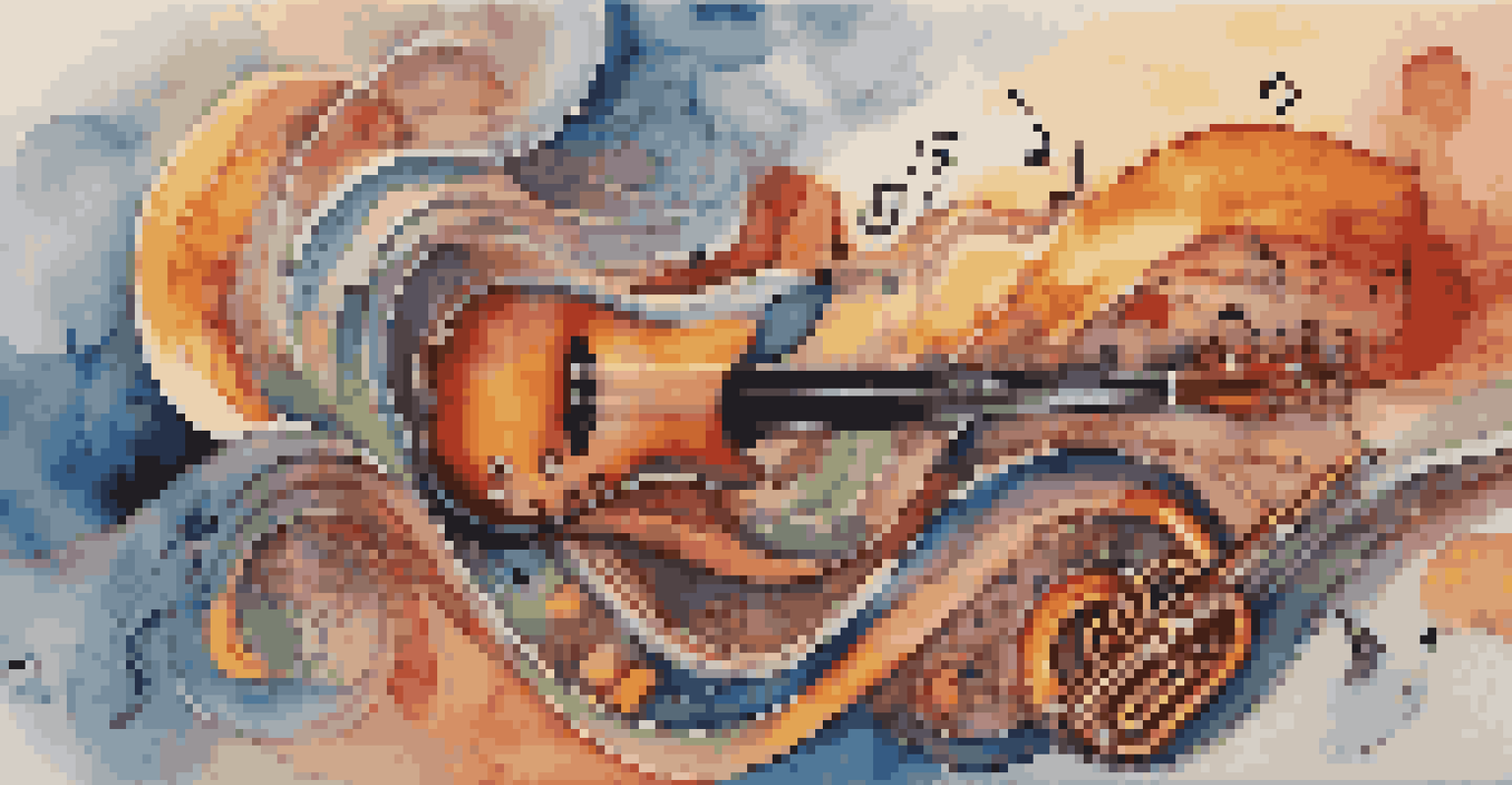 An abstract image of colorful sound waves intertwining with elements representing various musical genres like guitars and drums.
