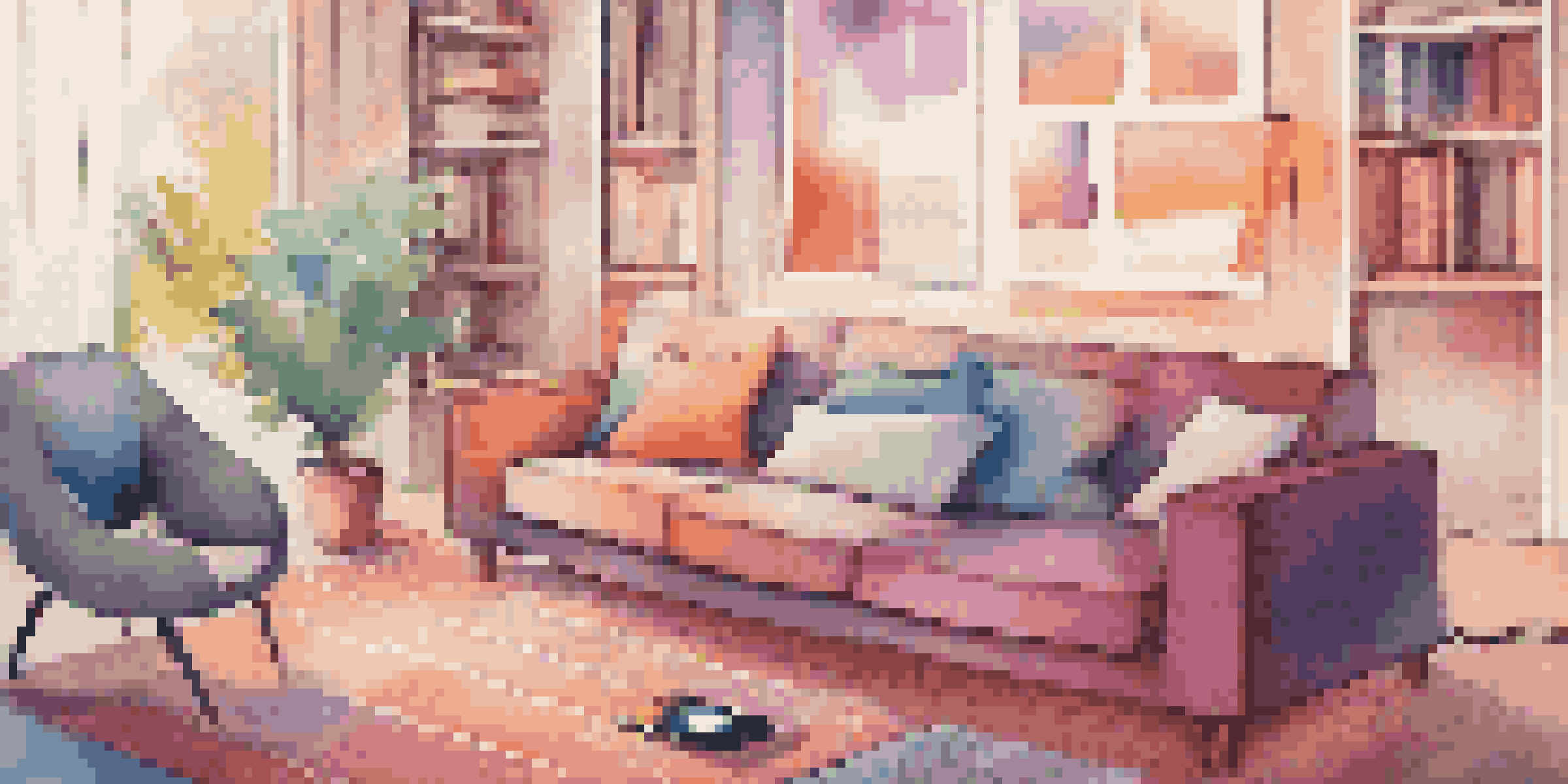 A person sitting on a couch in a cozy living room, using a smartphone to explore a colorful music streaming app with various album covers and playlists.
