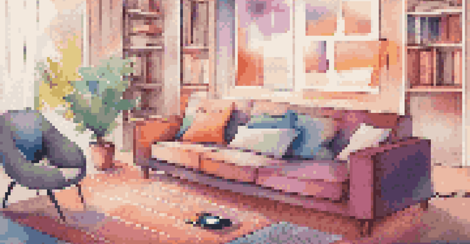 A person sitting on a couch in a cozy living room, using a smartphone to explore a colorful music streaming app with various album covers and playlists.