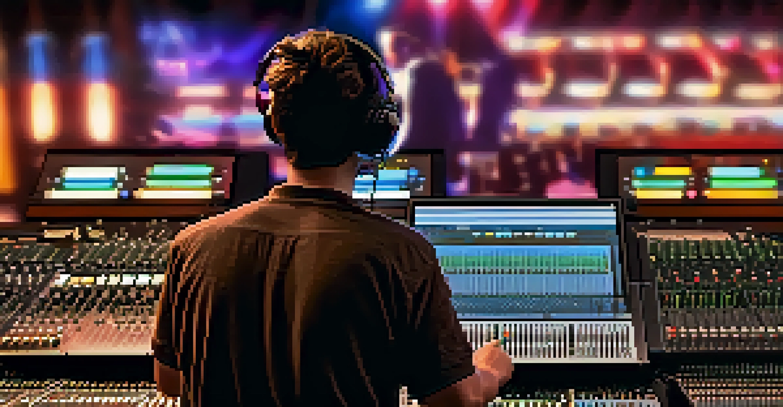 A sound engineer adjusting levels on a mixing console with various instruments in the background.