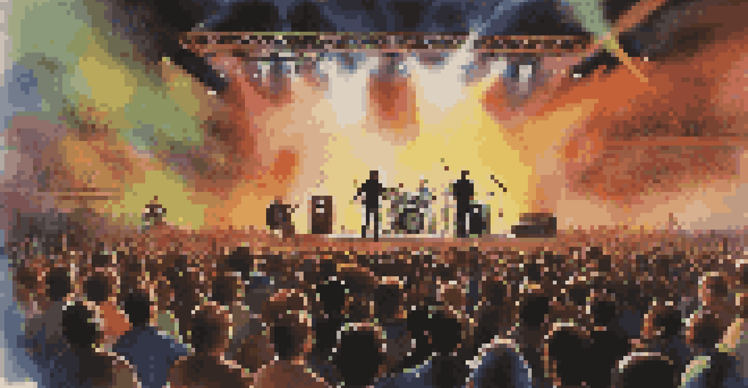 A lively 1960s rock concert with a crowd, sound engineers at a mixing console, and vibrant stage lights.
