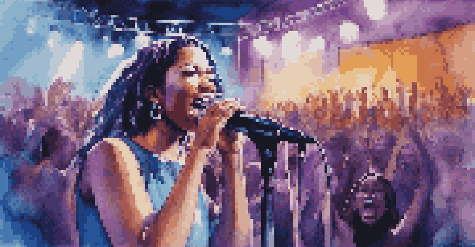 A female activist musician on stage, passionately singing to a large crowd holding social justice signs, with dynamic stage lights in the background.