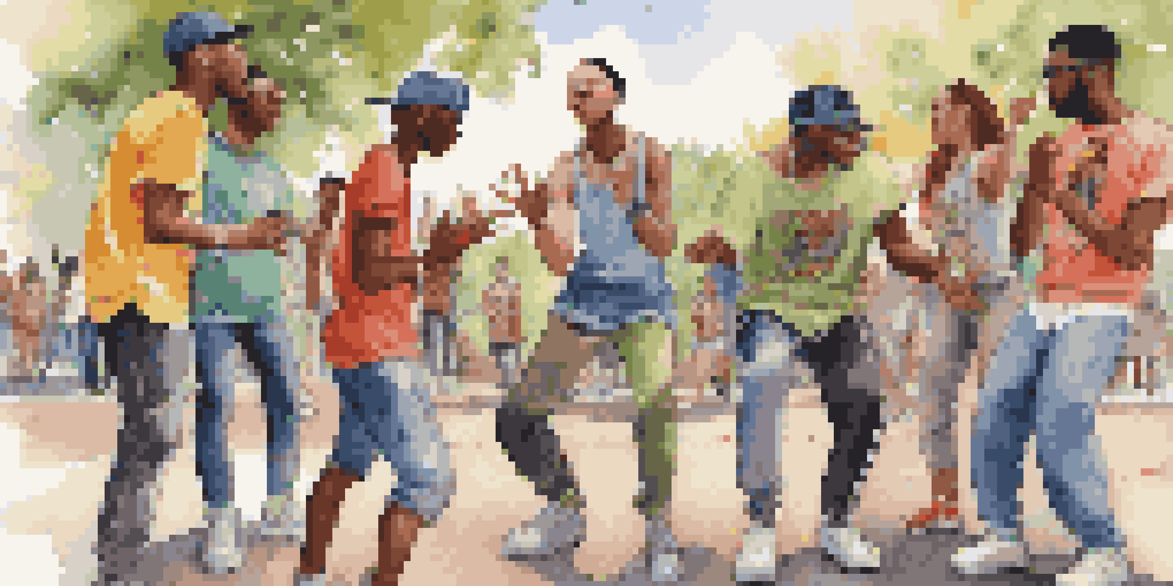 A diverse group of young artists sharing stories through rap and dance in an urban park, surrounded by nature and vibrant clothing.
