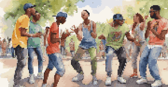 A diverse group of young artists sharing stories through rap and dance in an urban park, surrounded by nature and vibrant clothing.