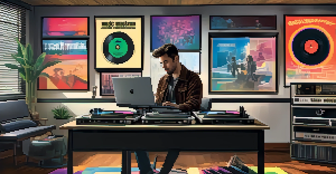 A music supervisor in an office with vinyl records and digital screens, reviewing music tracks.