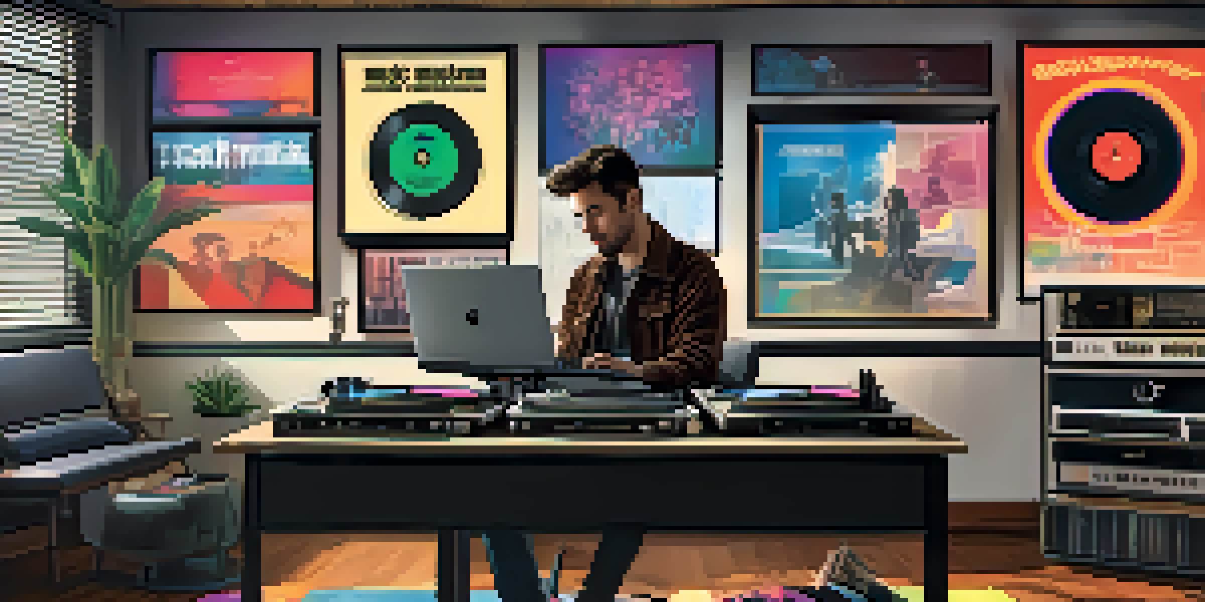 A music supervisor in an office with vinyl records and digital screens, reviewing music tracks.