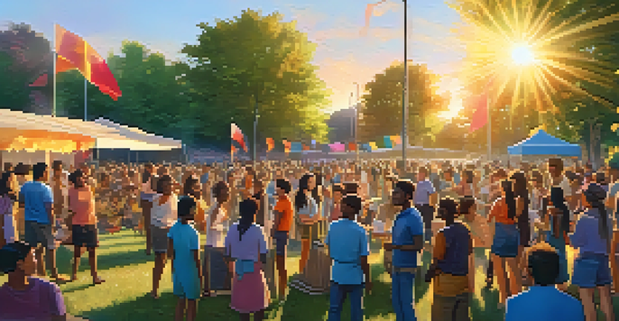 A diverse group of people singing together in a park during sunset, surrounded by colorful banners.