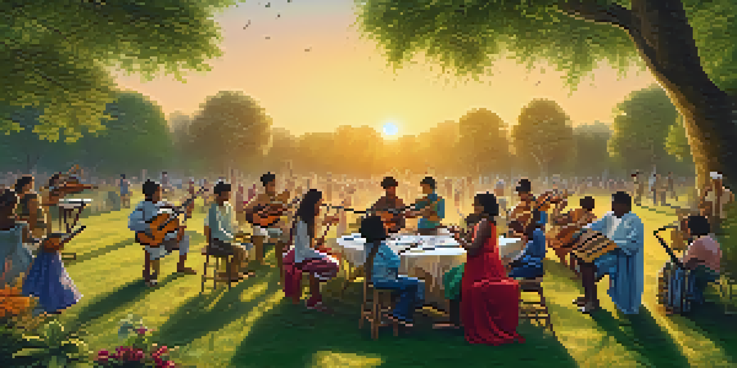 A traditional music gathering in a park with musicians playing instruments and people dancing under a sunset.