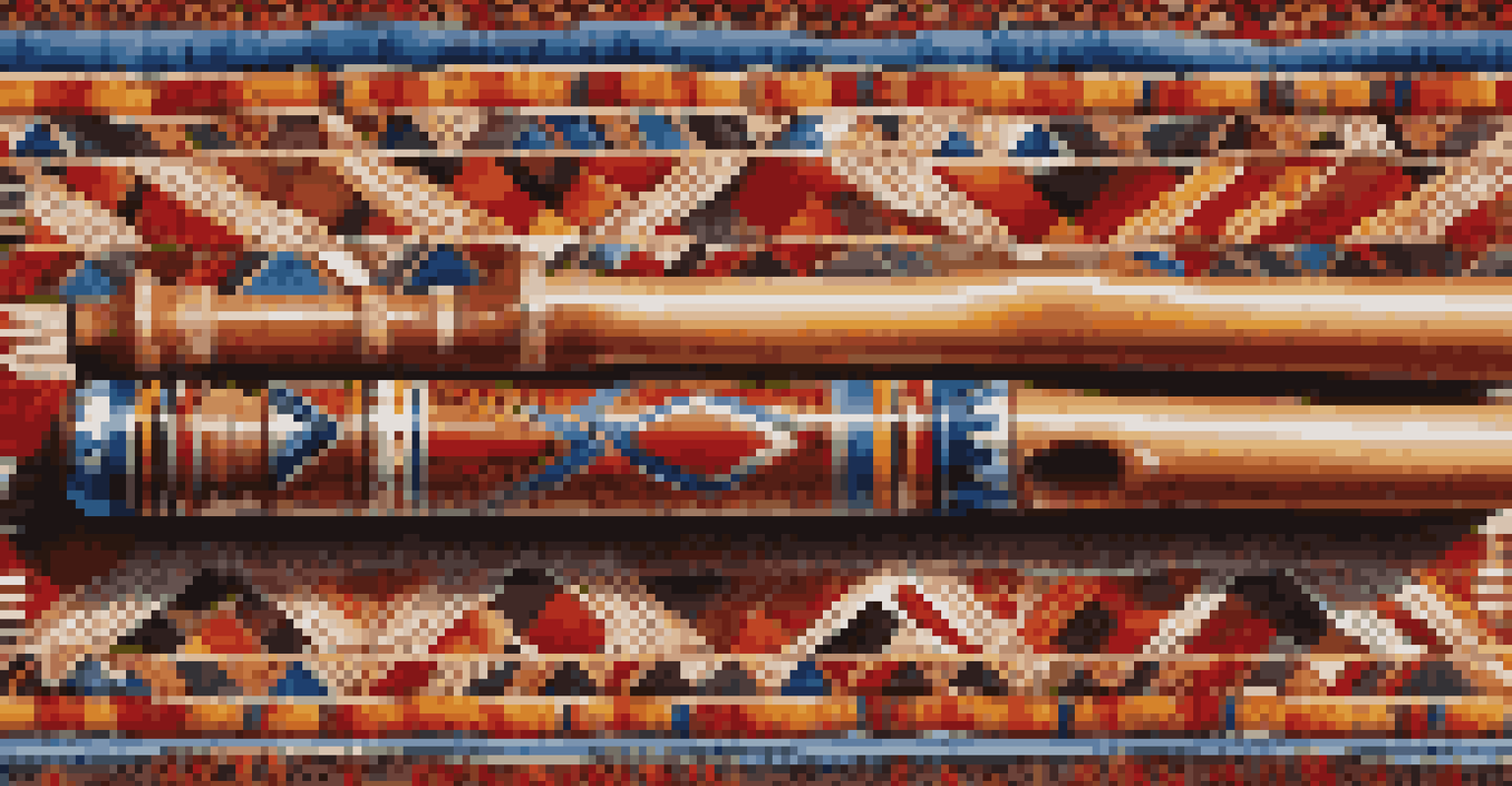 A close-up of a beautifully carved Native American flute on a vibrant woven blanket with geometric patterns.