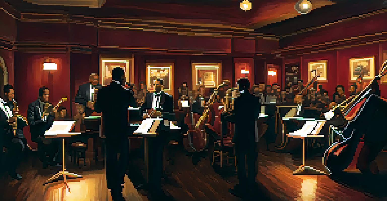 A cozy jazz club with a saxophonist on stage, dim lighting, and an engaged audience, featuring rich wooden textures and deep red decor.