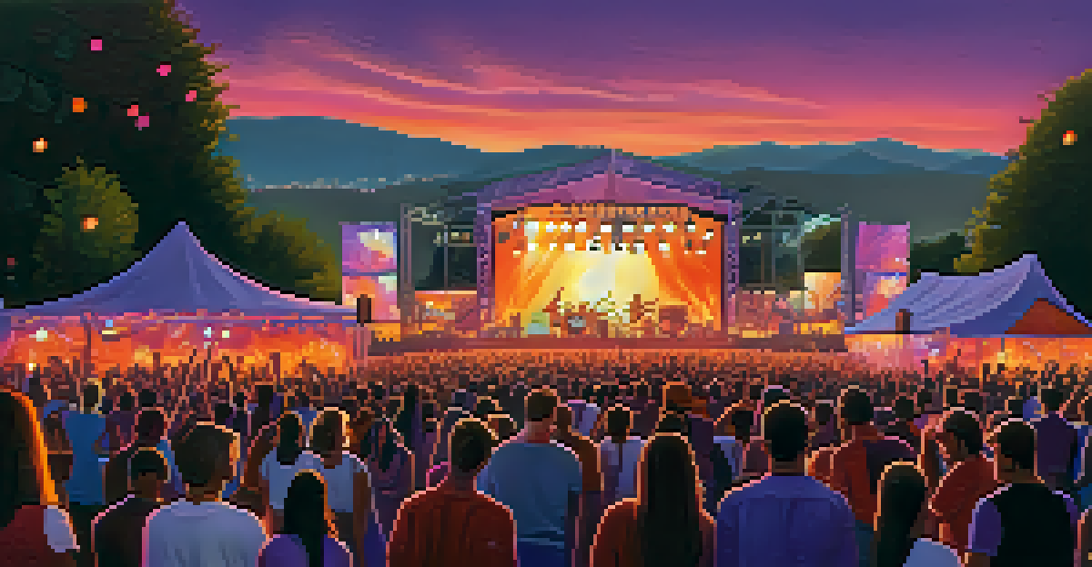 A lively outdoor music festival at sunset with diverse crowd and colorful stage lights.