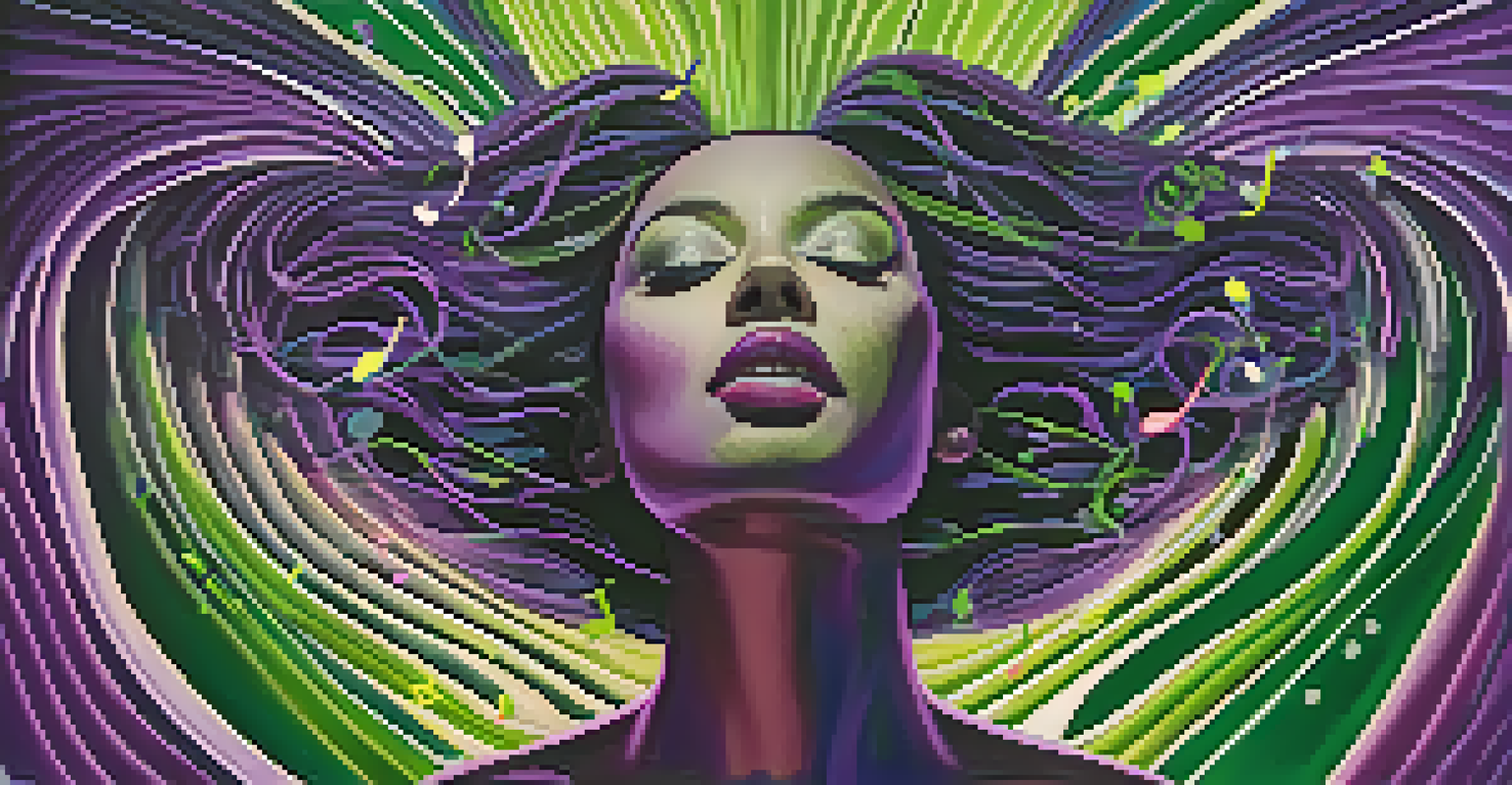 An abstract representation of a singer practicing breath control with colorful sound waves and music notes in the background.