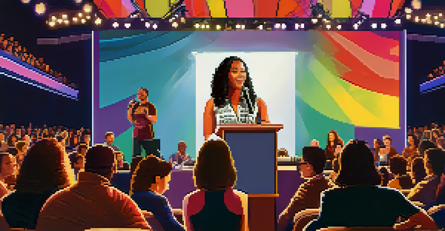 A confident woman speaking at a podium in front of a diverse audience, promoting women in the music industry.