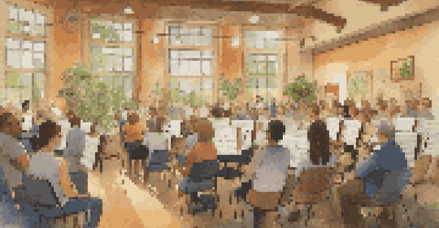 A choir rehearsing indoors with environmental themes displayed on the walls.
