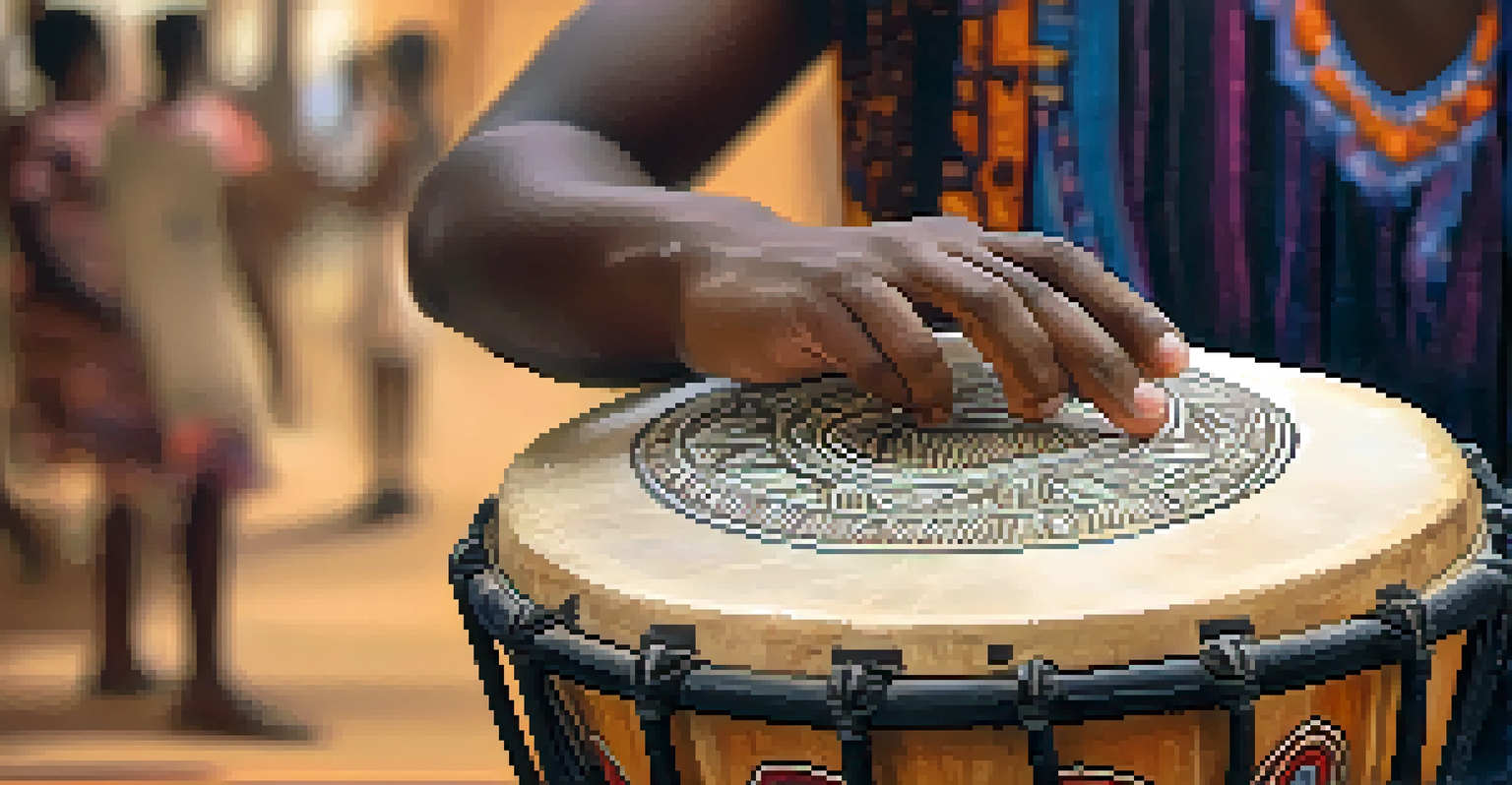 A close-up of a student's hands playing a traditional African drum, with warm lighting emphasizing the drum's texture and the student's focused expression.