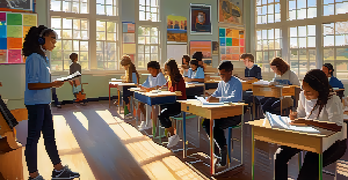 A classroom filled with students of various backgrounds studying, with music notes floating around a student wearing headphones, emphasizing the link between music and memory.