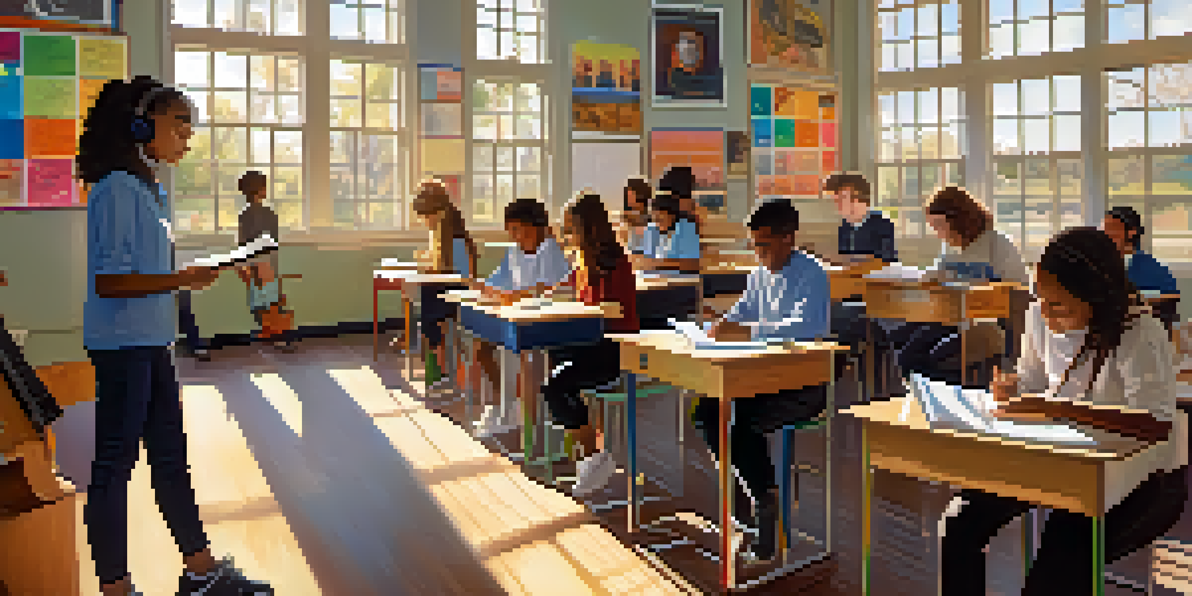 A classroom filled with students of various backgrounds studying, with music notes floating around a student wearing headphones, emphasizing the link between music and memory.