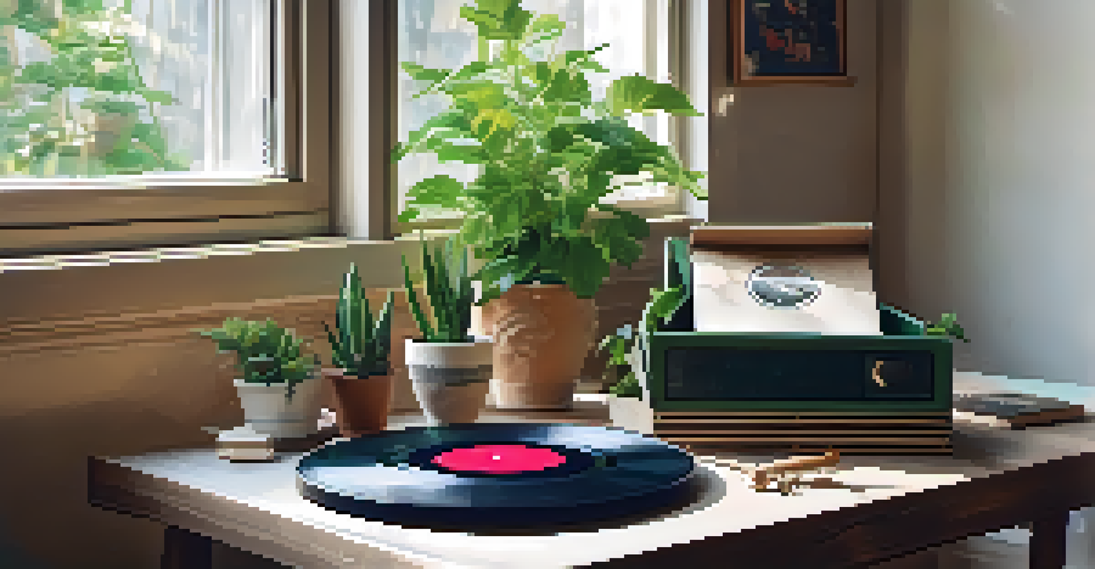 Vinyl record made from recycled materials on a wooden table with potted plants and natural light.