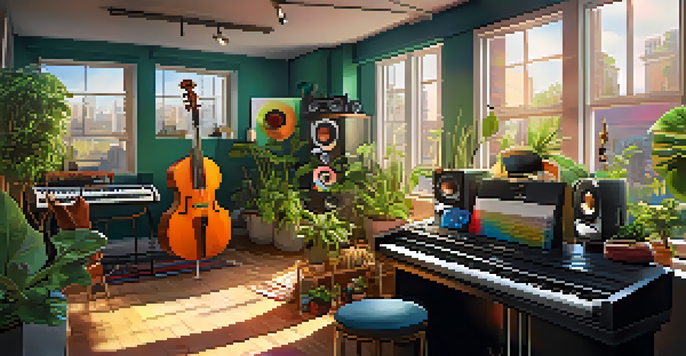 A lively music studio with diverse musicians collaborating on a new single, sunlight illuminating colorful instruments and posters.