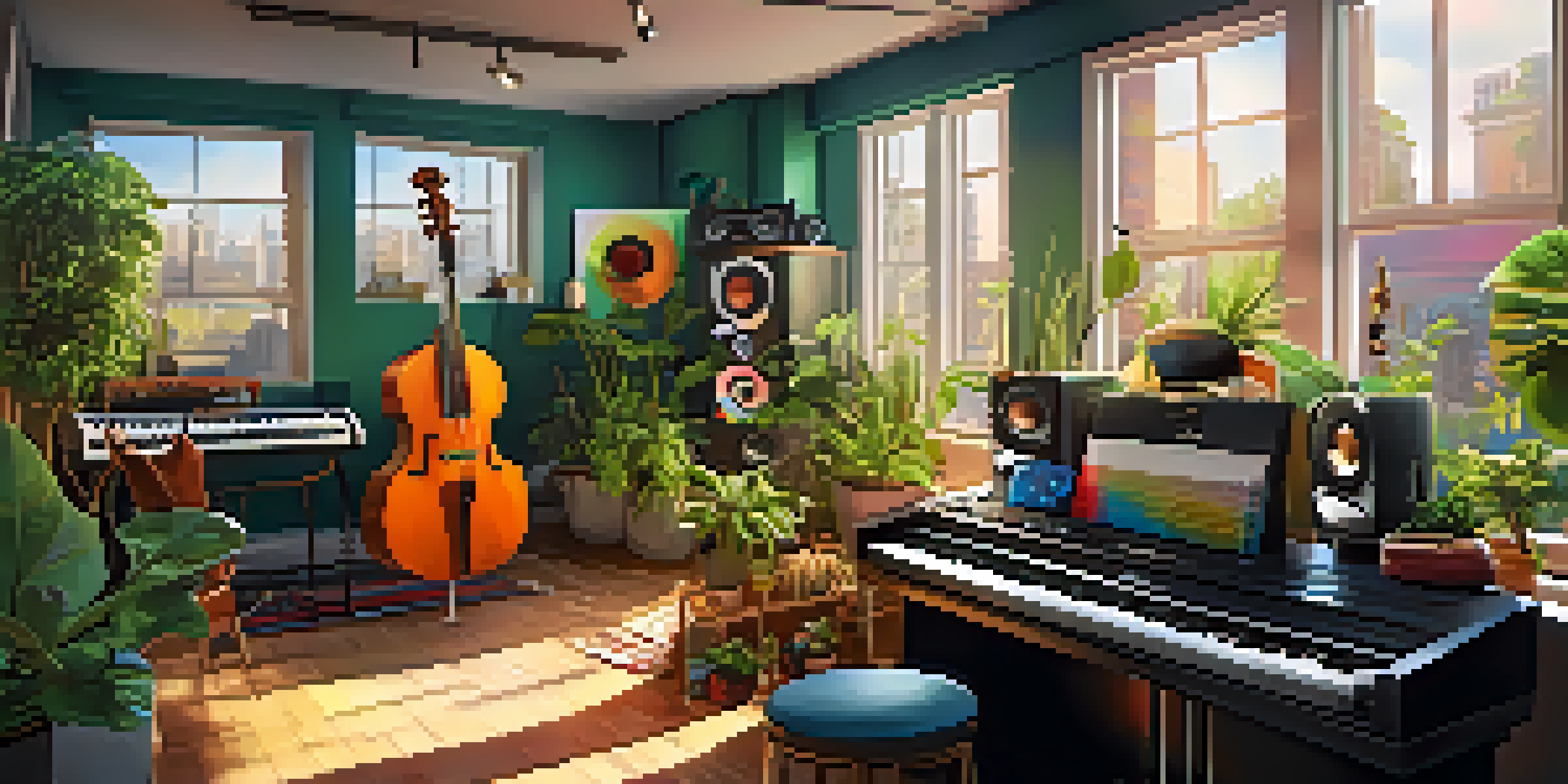 A lively music studio with diverse musicians collaborating on a new single, sunlight illuminating colorful instruments and posters.