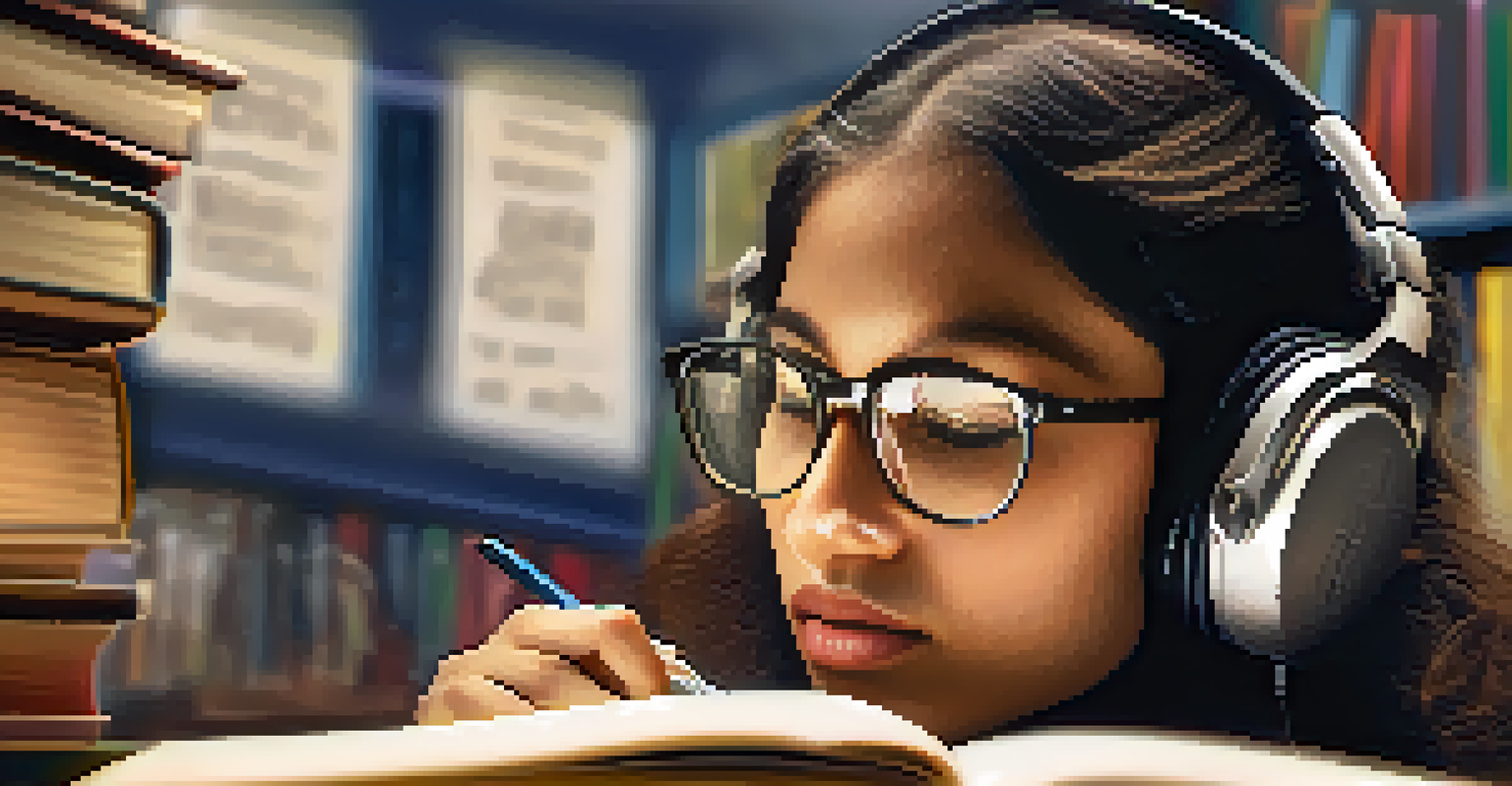 A focused student wearing headphones, studying with a blurred background of musical notes and books, conveying a peaceful study environment.