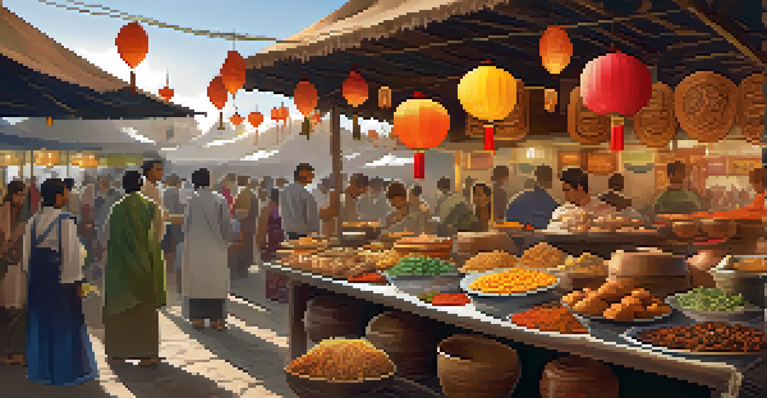 A vibrant food stall at a cultural festival showcasing traditional dishes and colorful decorations.