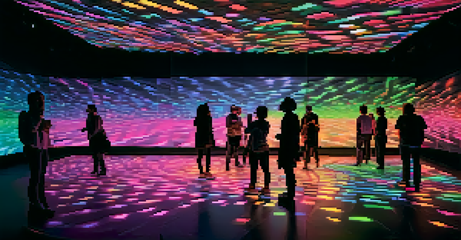 An interactive art installation featuring colorful projections that change rhythmically with electronic music, engaging the audience.