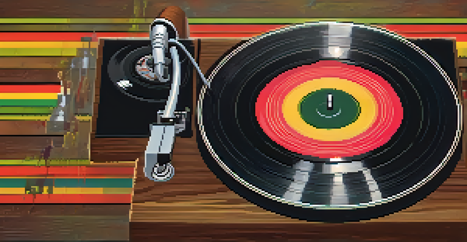A close-up view of a spinning vinyl record on a turntable, showcasing reggae album art with warm wooden textures and soft lighting.