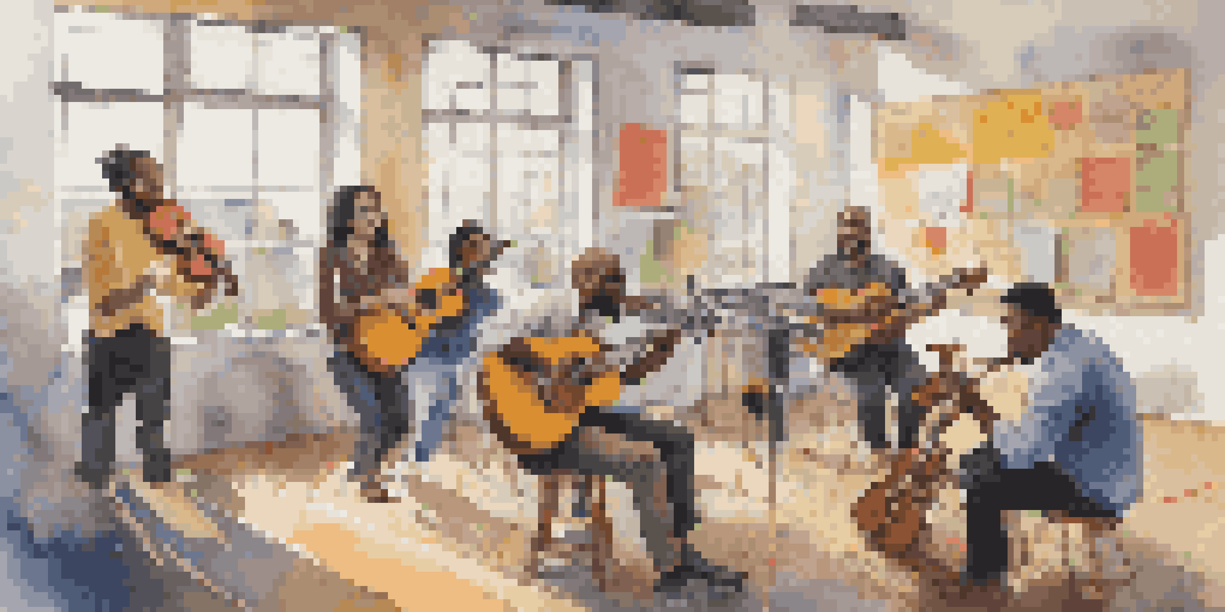 A diverse group of people in a bright room discussing creative ideas surrounded by musical instruments and colorful notes.