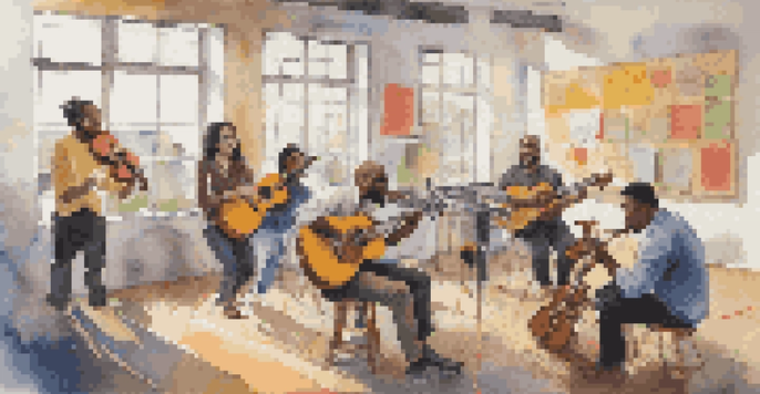 A diverse group of people in a bright room discussing creative ideas surrounded by musical instruments and colorful notes.