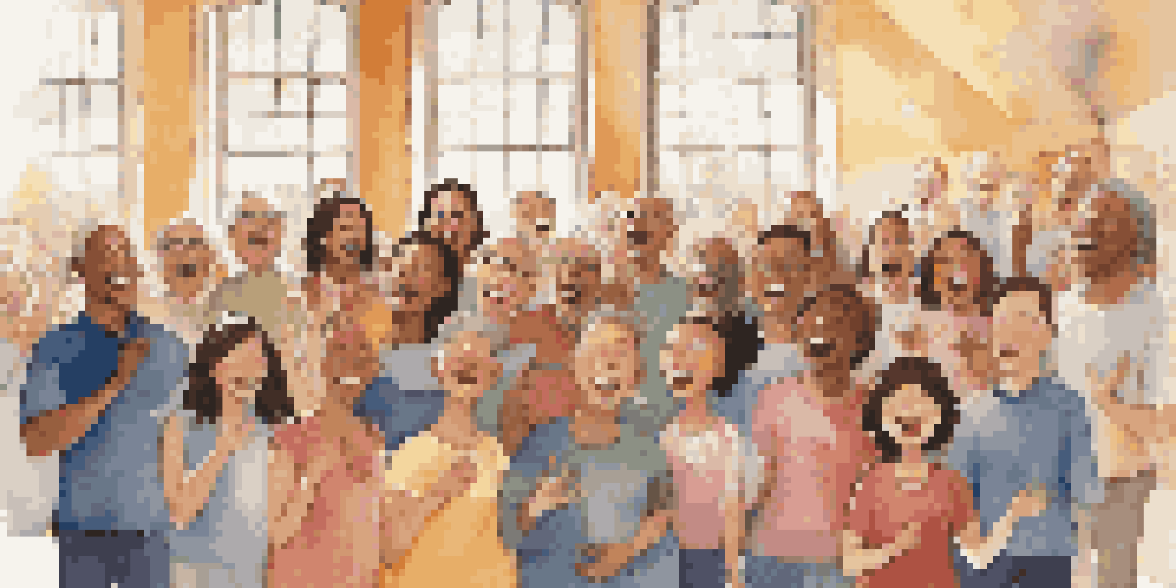 A diverse group of choir members singing together in a colorful and welcoming choir room, with sunlight streaming through the windows.