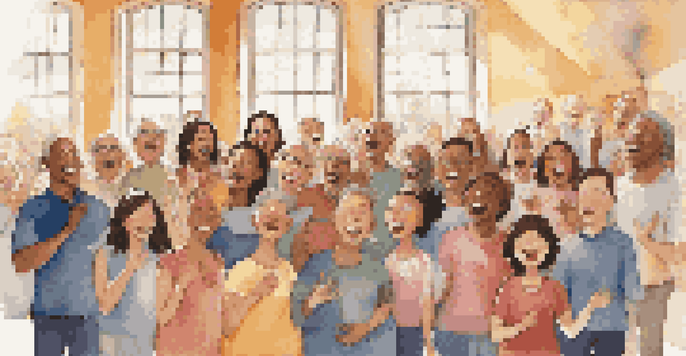 A diverse group of choir members singing together in a colorful and welcoming choir room, with sunlight streaming through the windows.