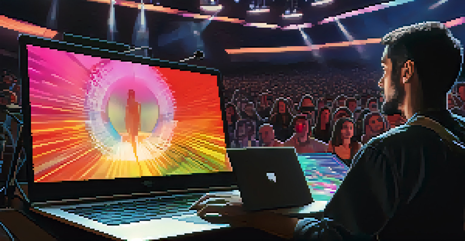 An artist performing with AI technology, featuring a laptop and dynamic visuals on display.