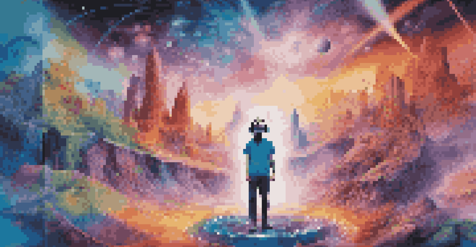 An artist performing in a virtual reality space with holographic visuals and a colorful surreal landscape.