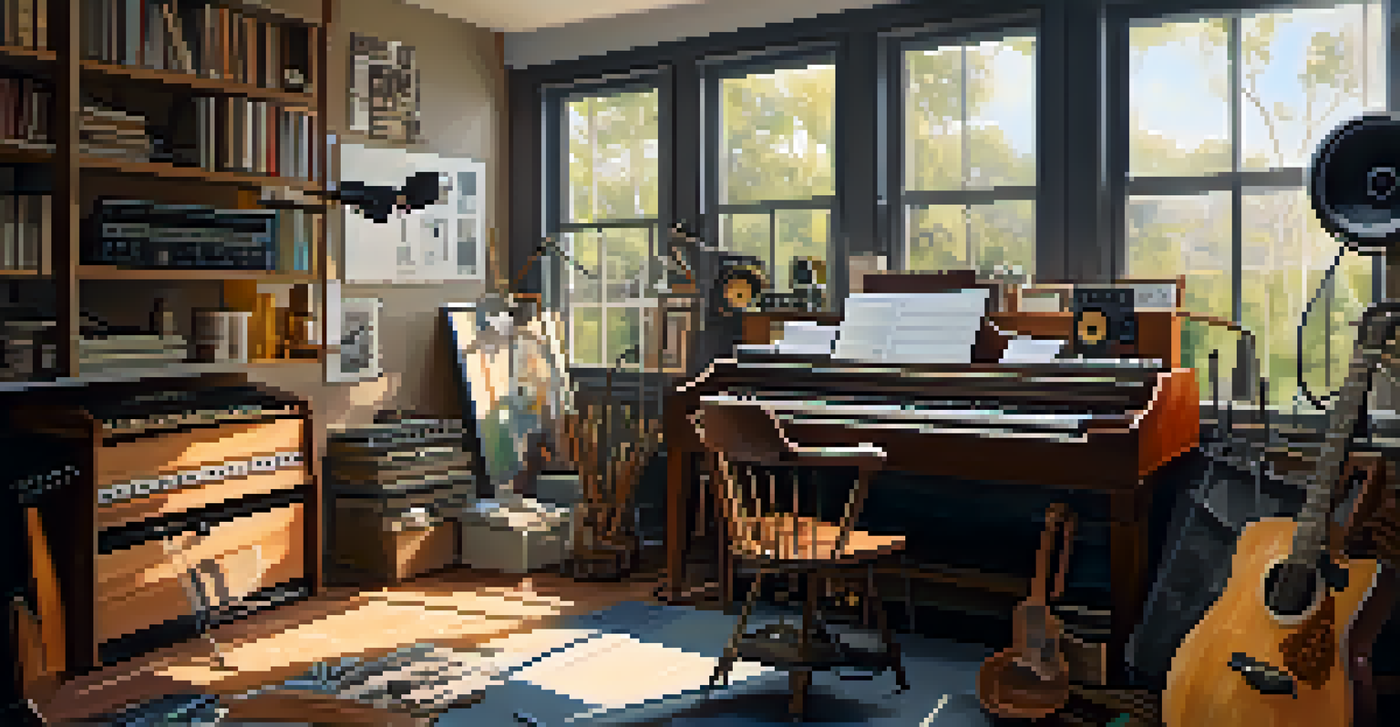 A cozy home music studio featuring various instruments, a microphone, and natural light illuminating the creative space.
