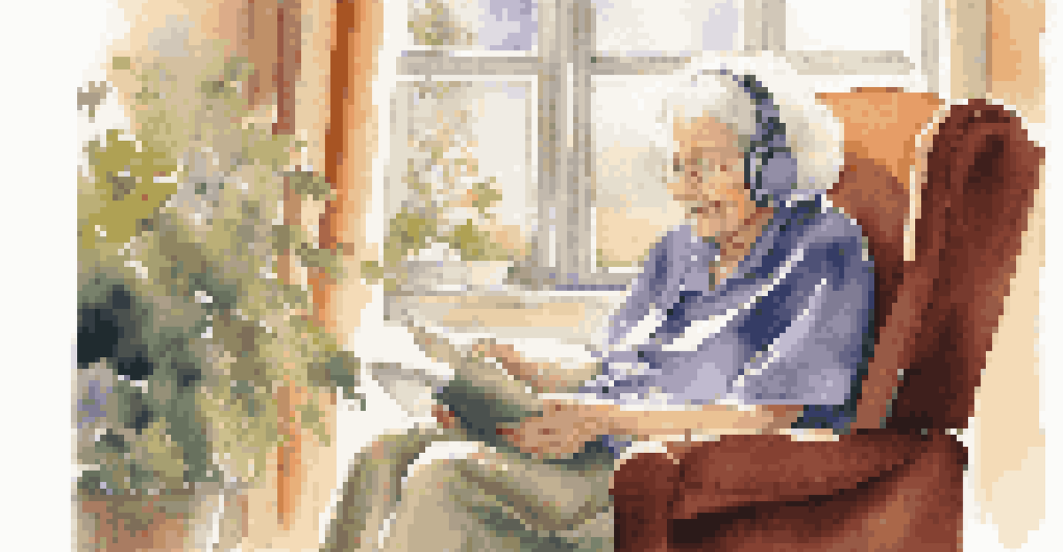 An Alzheimer's patient enjoying music through headphones, seated in a cozy armchair with a joyful expression.