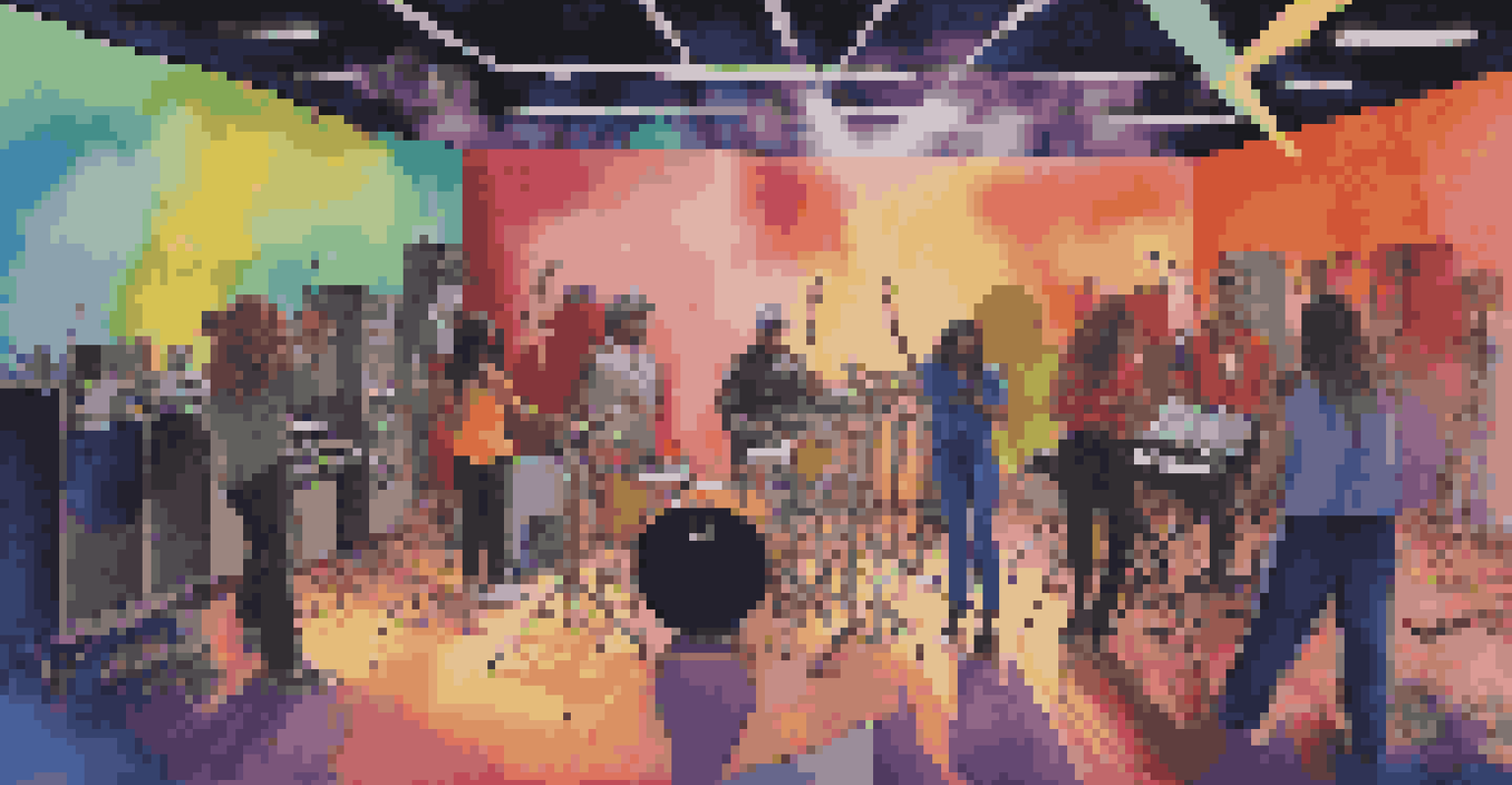 A diverse group of artists collaborating on a music video production set with cameras and colorful backdrops.