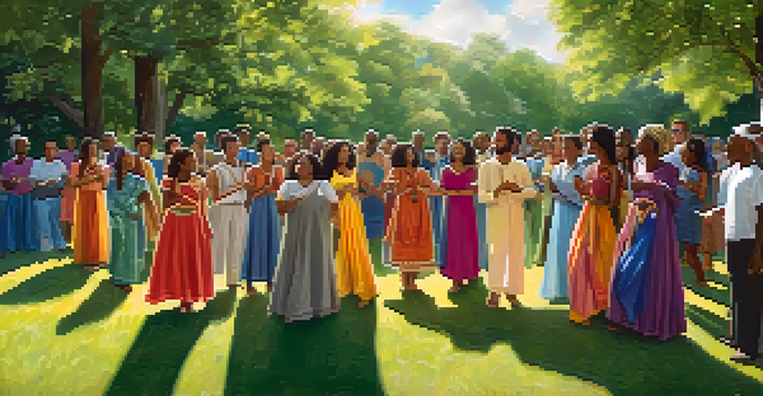 A diverse group of people singing together in a park, surrounded by nature and sunlight, expressing unity and joy through music.