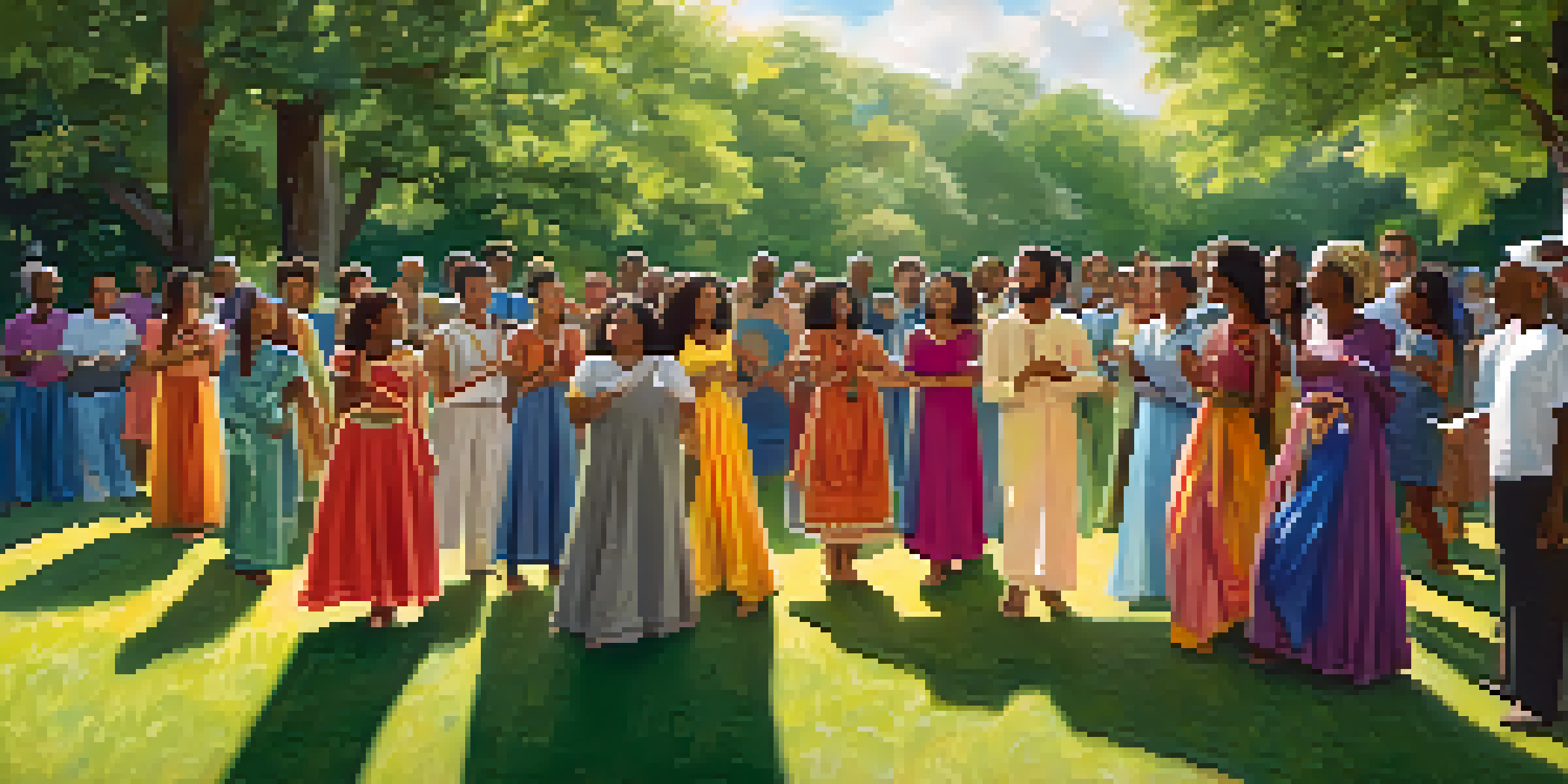 A diverse group of people singing together in a park, surrounded by nature and sunlight, expressing unity and joy through music.