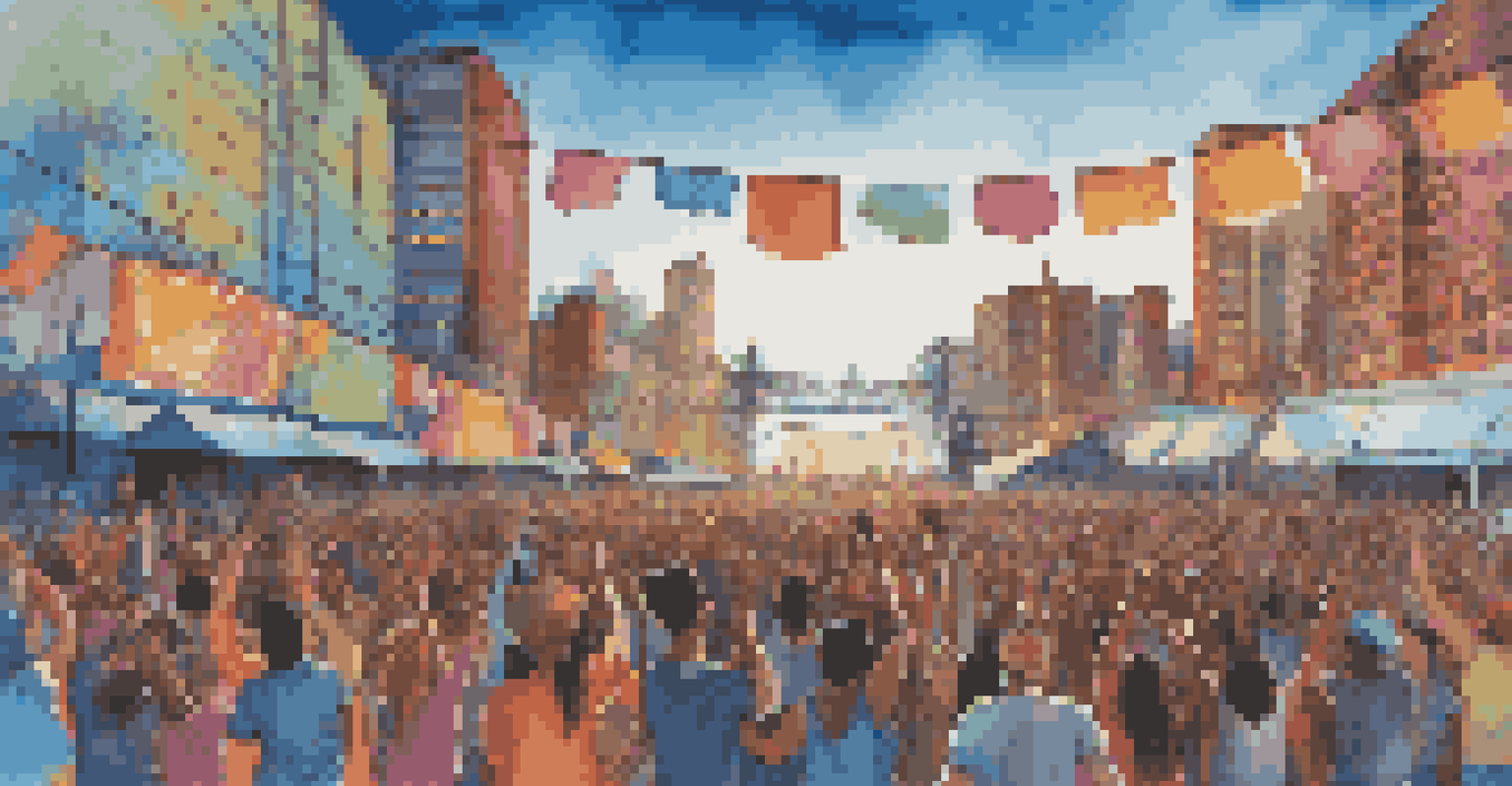 A vibrant music festival scene with a diverse crowd dancing in front of a colorful outdoor stage, set against a city skyline.