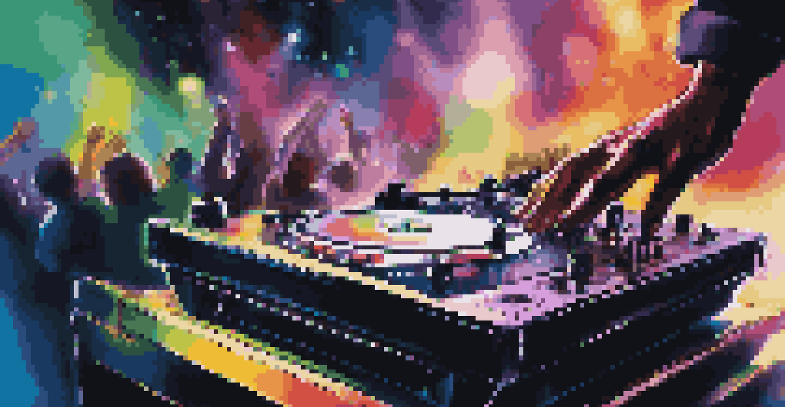 A close-up of a DJ's hands on a turntable with colorful lights in the background.